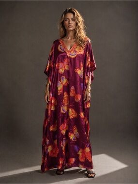 Winlar Butterfly Satin Caftan Maxi Dress One Size NWT